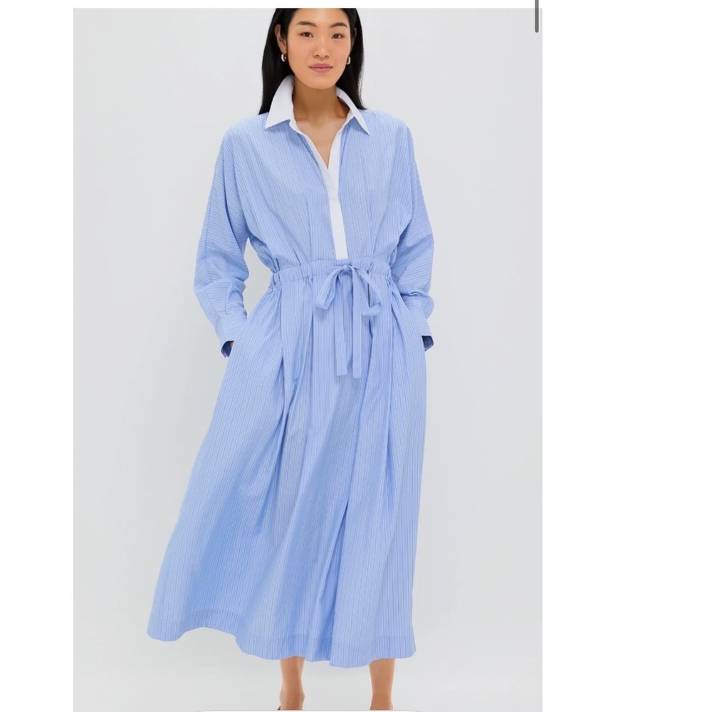 Tuckernuck Maxi Shirt Dress Medium Blue Stripe L/S Drawstring Waist Pockets
